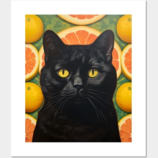 Black Cat Collage Surrounded by Citrus Fruit - Retro Vintage Unique Kitty Art Posters and Art